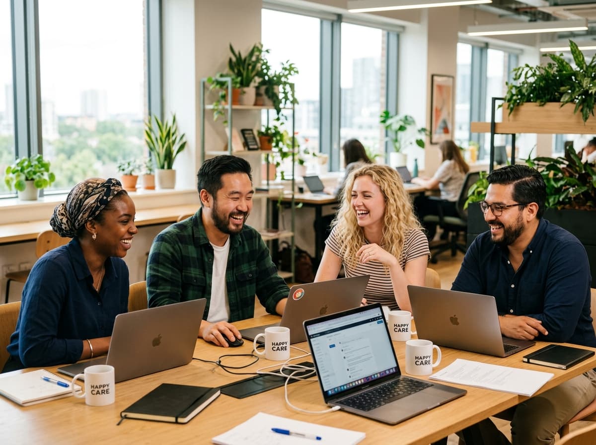 A customer service team laughing together around a table with laptops