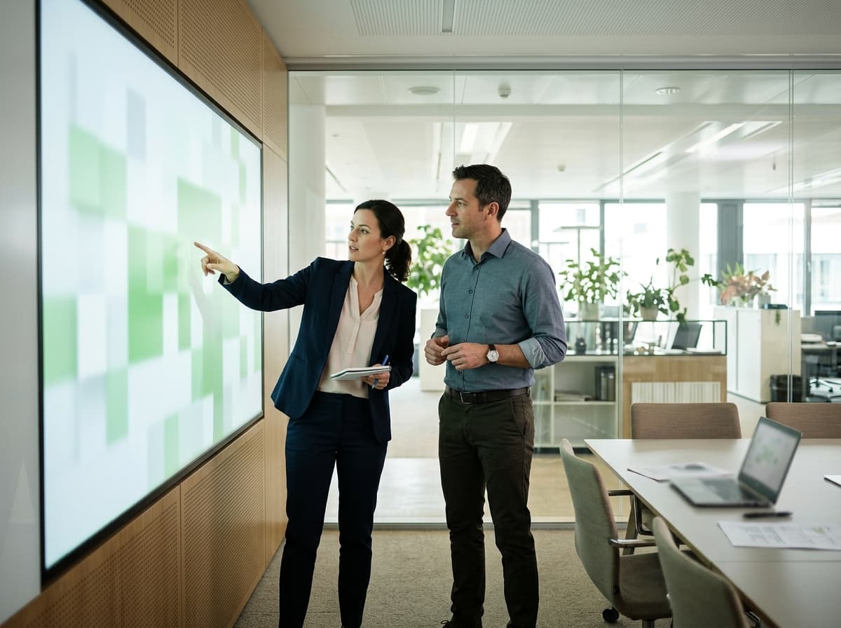 Two colleagues reviewing information together on a large screen in a meeting room