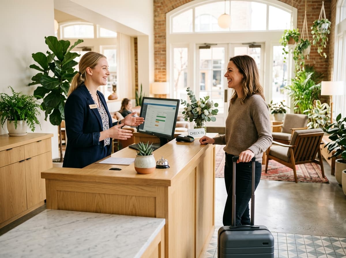 A hotel receptionist welcoming a guest with a suitcase at the front desk