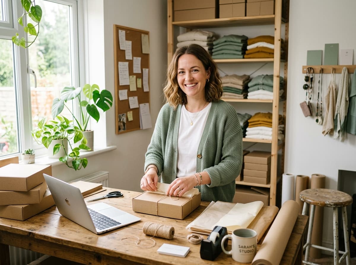 A smiling shop owner packing an order in her studio, with shelves of folded clothing behind her