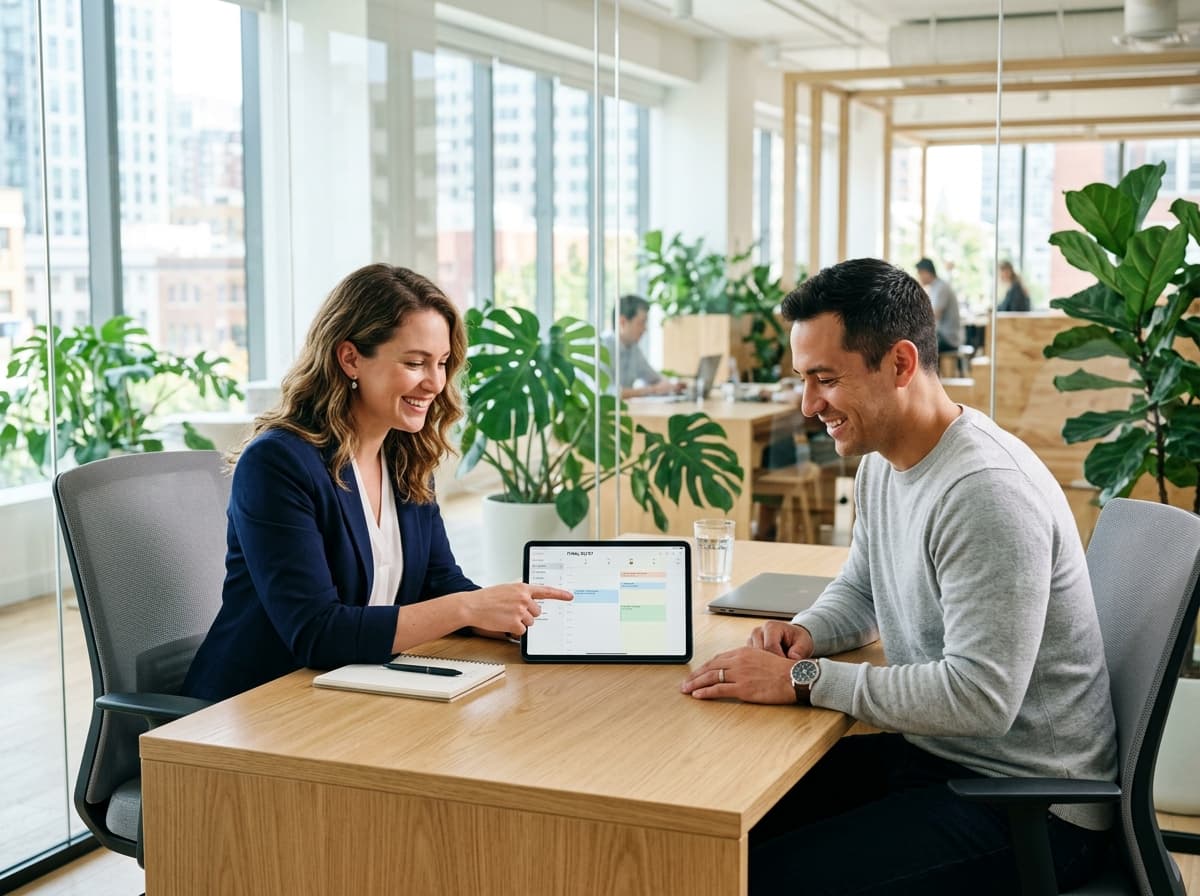 A consultant showing a client an appointment calendar on a tablet