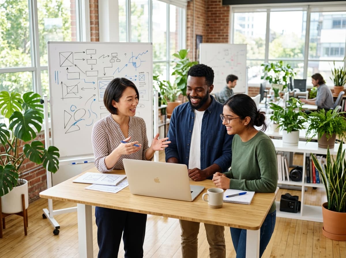 Three colleagues discussing ideas around a laptop at a standing desk