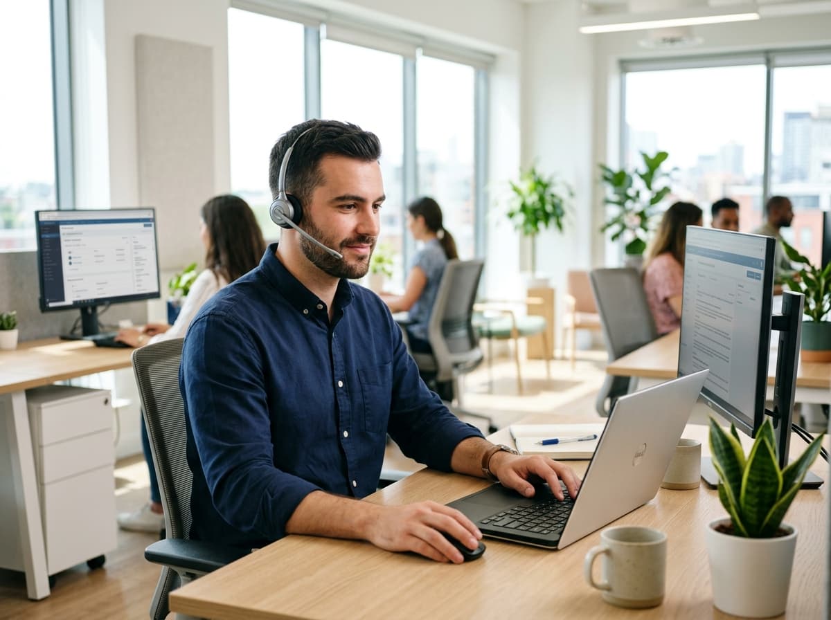 A customer service specialist wearing a headset, working at a laptop in a bright office