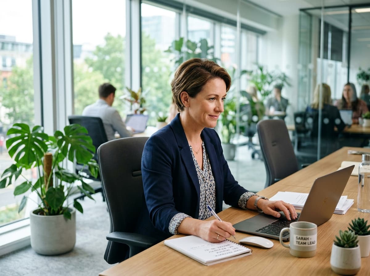 A team lead reviewing work on her laptop and taking notes at her desk